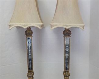 Hollywood Regency Style Pair of Gold Antiqued Vintage Table Lamps with Beautiful Shades