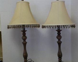 Pair of Beautiful Dark Brass Table Lamps with Taupe Shades