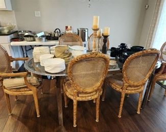 Faux Bois Dining Chairs with Rush Seats, Chrome and Glass Table