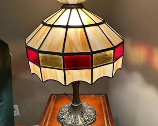 Antique Slag and Stained Glass Lamp
