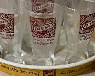 Vintage FALSTAFF Beer Pilsner Glasses, Pitcher, and Tray Set