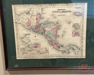 Antique Hand Colored Johnson's Central America Framed Map