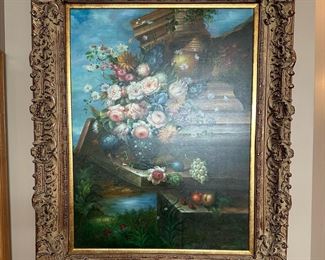 Large 5' x 4' Original Oil on Canvas Still Life in Carved Framed Signed J. CONA
