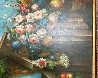 Large 5' x 4' Original Oil on Canvas Still Life in Carved Framed Signed J. CONA