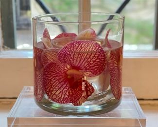Faux Orchid Arrangement Mounted on Lucite Base. 