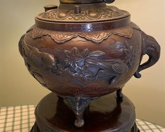 Antique Asian Metal Table Lamp with Elephant Motif. Photo 2 of 3.