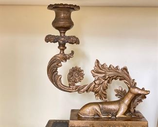 Pair of Brass Whippet / Greyhound Candle Holders. Each Measures 7.5" W x 8" H. 