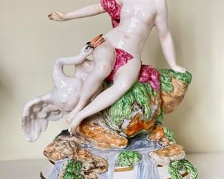 Antique Victorian Porcelain Figurine of Woman with Swan. Measures 9" x 8" W. 