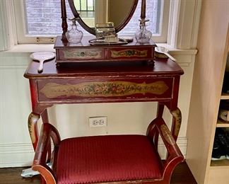 Antique Hand-Painted / Stenciled Vanity & Bench Set. Measures 30" x 14" x 57" H. Photo 1 of 4. 