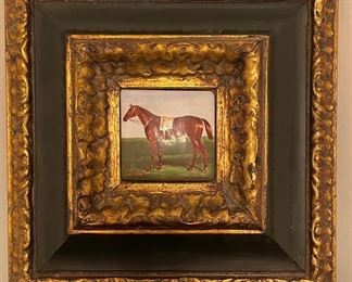 Framed Equestrian Oil Painting, Unsigned. Measures 8" x 8" Framed.