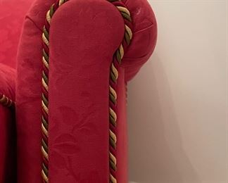 Red Damask Upholstered Down-Filled Sofa with Bouillon Fringe Trim. Measures 60" W x 35" D. Photo 3 of 5.