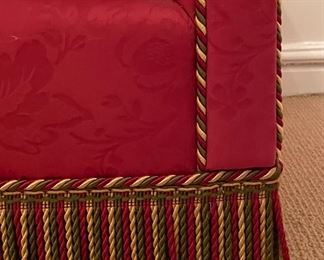 Red Damask Upholstered Down-Filled Sofa with Bouillon Fringe Trim. Measures 60" W x 35" D. Photo 4 of 5.