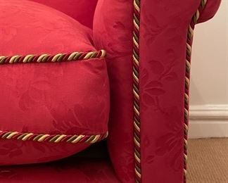 Red Damask Upholstered Down-Filled Sofa with Bouillon Fringe Trim. Measures 60" W x 35" D. Photo 2 of 5. 