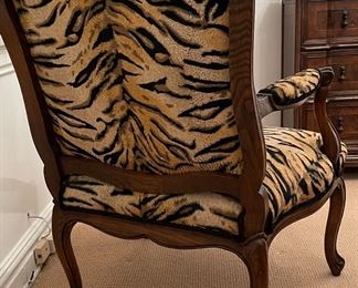 Antique Queen Anne-Style Bergere Chair Upholstered in Scalamandre Tigre Fabric. Measures 28" W x 28" D. Photo 4 of 4. 