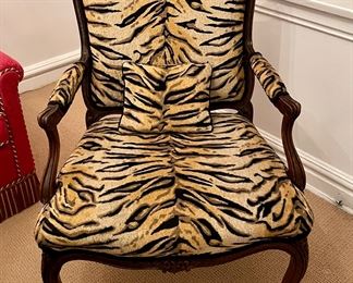 Antique Queen Anne-Style Bergere Chair Upholstered in Scalamandre Tigre Fabric. Measures 28" W x 28" D. Photo 1 of 4. 