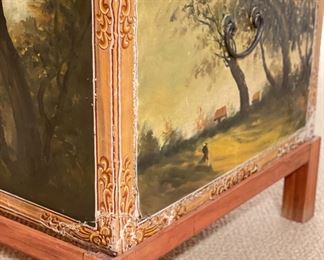 Antique Hand-Painted Bucolic Equestrian Scene Chest with Glass Top on Stand. Measures 28" W x 19" D x 13.5" H without Stand.  Photo 3 of 6. 