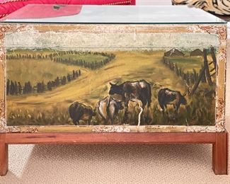 Antique Hand-Painted Bucolic Equestrian Scene Chest with Glass Top on Stand. Measures 28" W x 19" D x 13.5" H without Stand. Photo 4 of 6. 