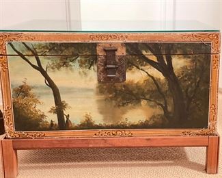 Antique Hand-Painted Bucolic Equestrian Scene Chest with Glass Top on Stand. Measures 28" W x 19" D x 13.5" H without Stand. Photo 1 of 6.