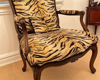Antique Queen Anne-Style Bergere Chair Upholstered in Scalamandre Tigre Fabric. Measures 28" W x 28" D. Photo 2 of 4.