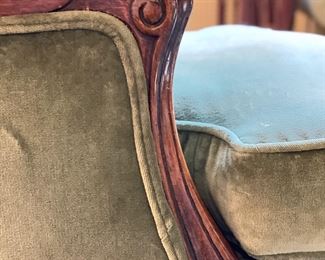 Antique Bergere Chair Upholstered in Dark Sea-Foam Green Velvet. Measures 30" W x 30" D. Photo 2 of 3. 