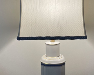 Pair of White Porcelain Table Lamps With Blue & Gold Trim. Measures 26" H. Photo 1 of 2. 
