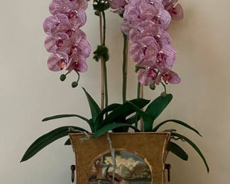 Cachepot with Faux Orchid Arrangement. 