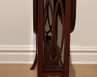 Vintage Mahogany Drop-Leaf Side Table with Fretwork Detailing. Measures 7" D x 26.5" W x 27" H with Sides Down. Each Leaf is 12.5" W.  Photo 2 of 4. 