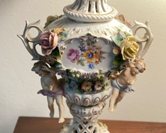 Antique German Sitzendorf Dresden-Style Putti & Floral Porcelain Lidded Urn. Photo 1 of 2. 