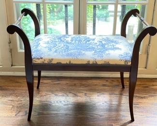 Antique Bench Upholstered in Blue & White Toile Fabric. Measures 30" W x 16" Seat Height. Photo 2 of 2. 