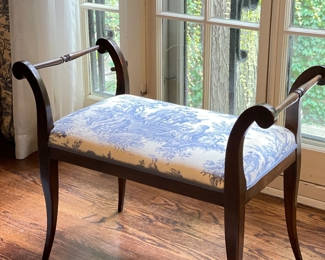 Antique Bench Upholstered in Blue & White Toile Fabric. Measures 30" W x 16" Seat Height. Photo 1 of 2. 