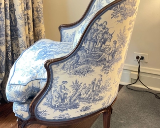Antique Occasional Chair Upholstered in Blue & White Toile. Measures 30" W. Photo 2 of 3. 