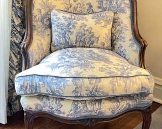 Antique Occasional Chair Upholstered in Blue & White Toile. Measures 30" W. Photo 1 of 3. 