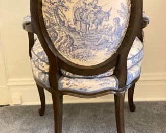 Antique Accent Chair Upholstered in Blue & White Toile Fabric (Down-Filled Cushion). Measures 24" W. Photo 3 of 3. 