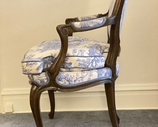 Antique Accent Chair Upholstered in Blue & White Toile Fabric (Down-Filled Cushion). Measures 24" W. Photo 2 of 3. 