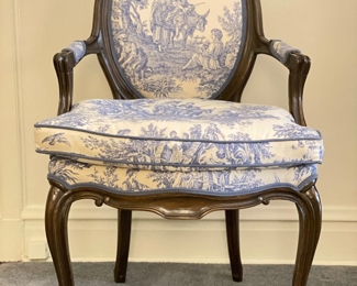 Antique Accent Chair Upholstered in Blue & White Toile Fabric (Down-Filled Cushion). Measures 24" W. Photo 1 of 3. 