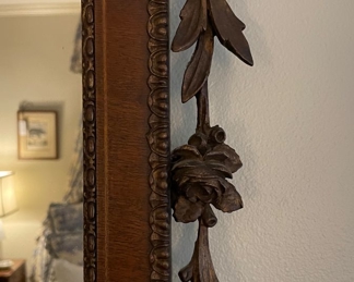 Antique Mahogany Mirror with Carved Wood Floral / Foliage Decorations. Measures 24" W x 53" H. Photo 3 of 3. 