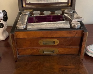 Antique Flame Mahogany Makeup Box with Silver Plate Lidded Glass Bottles. Photo 2 of 2.