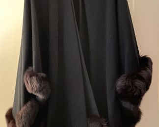 One-Size Fits Most Black Wool Cape with Mink Trim. Photo 1 of 2. 