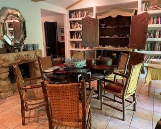Armoire, Dining table with 6 Old Hickory chairs, antique mirror, sterling, assorted accessories. Large blue & white bowl on table has been sold.