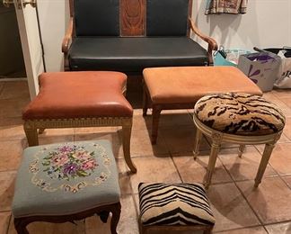 Assorted benches, stools and loveseat. Loveseat 3'1" wear on wood, faux leather has scratches. Great piece but could use reupholster. $100, Zebra needlepoint stool - SOLD, Long leather bench - SOLD, Tiger and gold stool - SOLD, Carmel brown super soft kid leather bench 1'8" x 1'6" $165