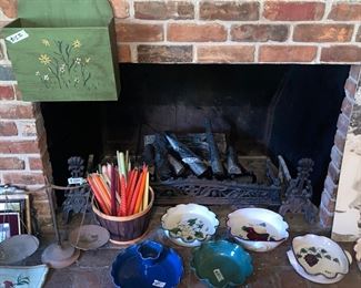 Hand made pottery, cast iron fire set