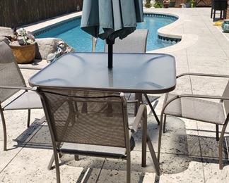  square patio table with 6 chairs, umbrella