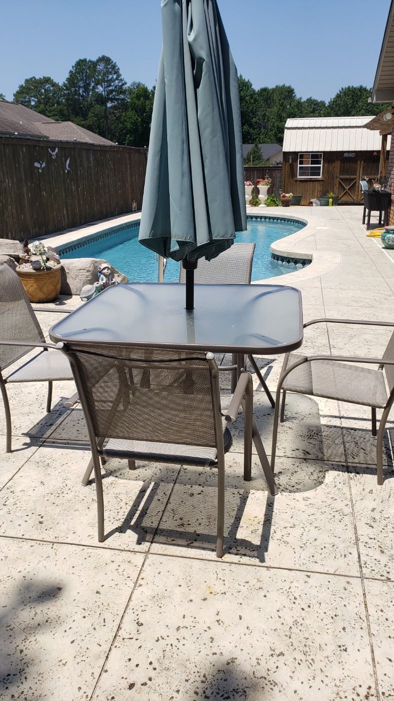  square patio table with 6 chairs, umbrella