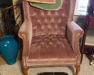 Velvet wing chair, needlepoint stool