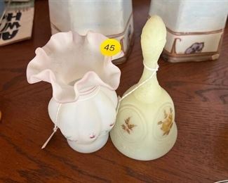 FENTON PINK HAND PAINTED RUFFLE VASE & FENTON CUSTARD BELL HAND PAINTED