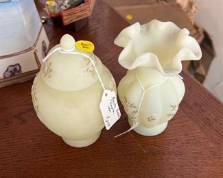 FENTON CUSTARD TEMPLE JAR & FENTON HAND PAINTED RUFFLE VASE