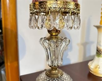 Antique Michelotti Pink Crystal and Brass Boudoir Lamp