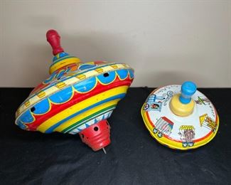 2 VTG Ohio Art Tin Toy Spinning Tops