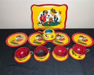 VTG Ohio Art Tin Girl & Boy in Garden Tea Set