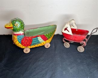 VTG Tin Duck Pull Toy & Baby Buggy